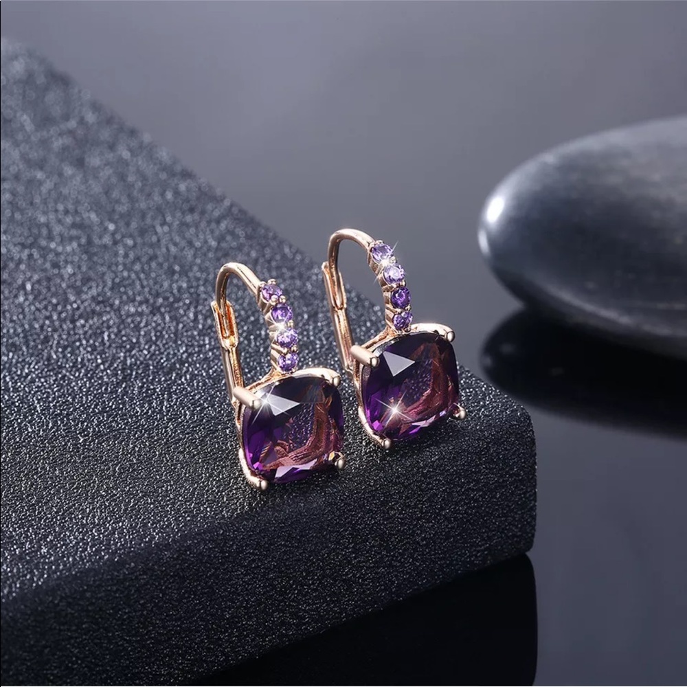 New Women’s Yellow Gold Plated Amethyst Earrings - Picture 3 of 3